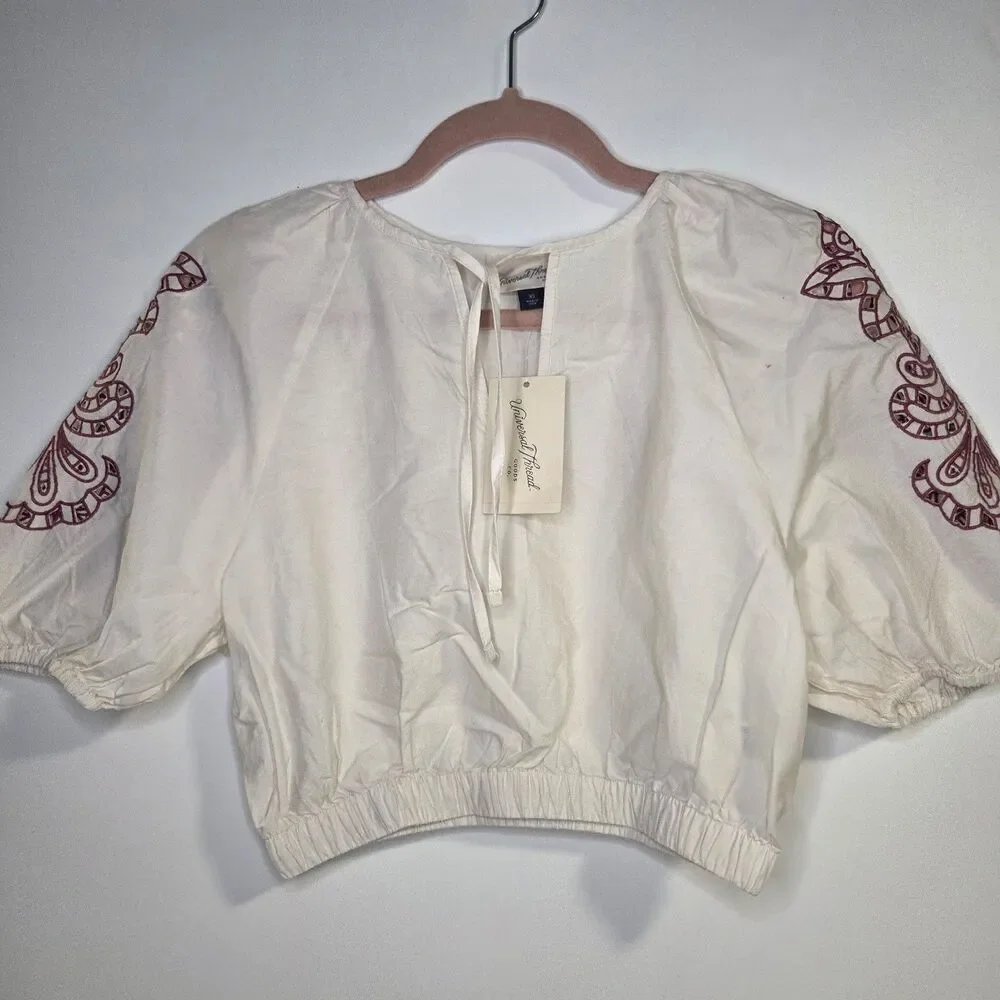 New With Tag Bohemian Elastic Waist Festival Crop Top Embroidered Sleeve Size XS